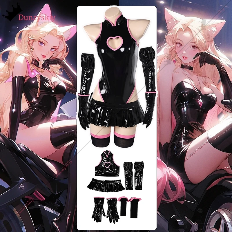 

Halloween Demon Cosplay PU Black Jumpsuit Costumes Sexy Tight Body Women's Dresses Glove Headdress Sock Set For Halloween Outfit