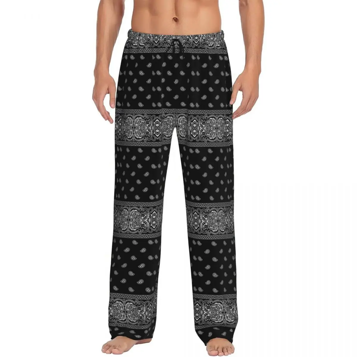 Custom Printed Men Black And White Paisley Chicano Bandana Style Pajama Pants Sleepwear Sleep Lounge Bottoms with Pockets