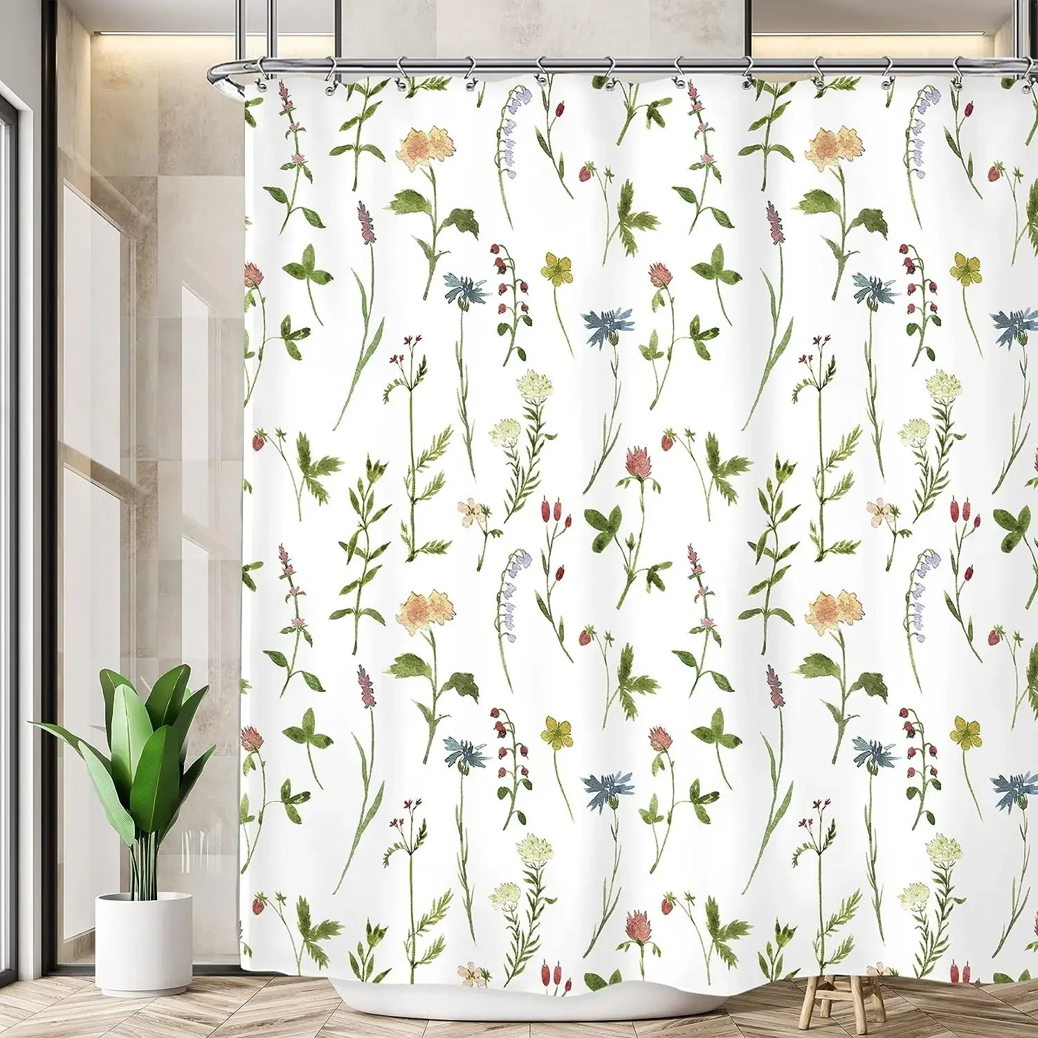 Yellow and Grey Floral Shower Curtain Watercolor Flower Shower Curtain for Bathroom Modern Minimalist White Fabric Bathroom Deco