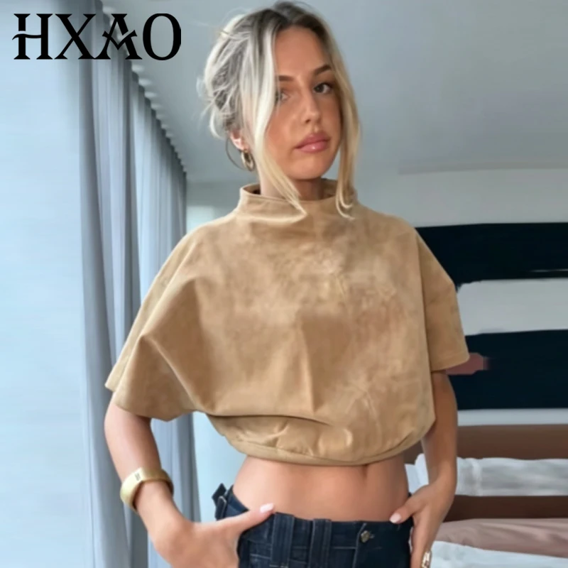 HXAO Faux Suede Crop Top Women Autumn 2026 Elegant Khaki Loose Vest O-Neck Short Sleeve Tops For Women Chic Streetwear Tank Top