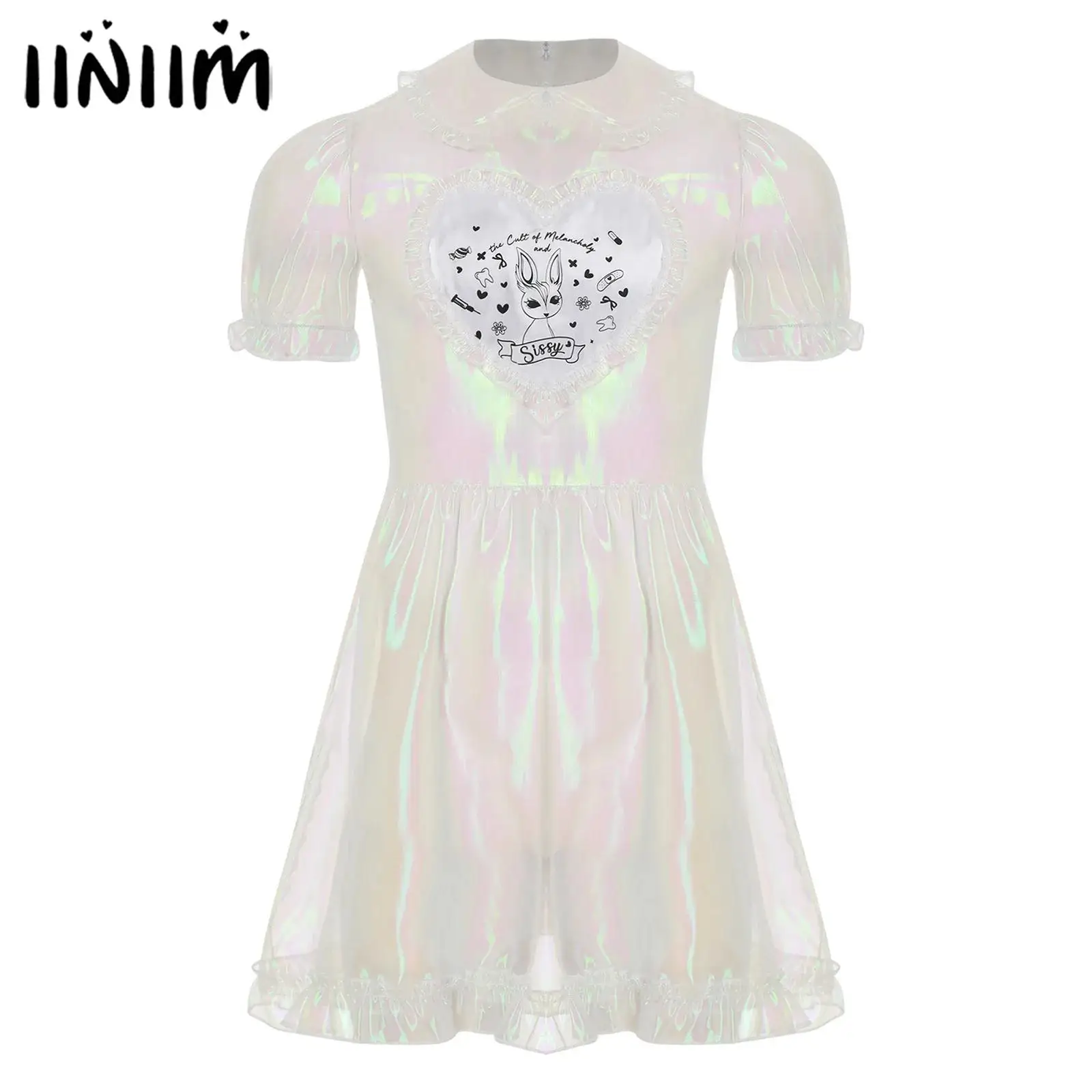 Mens ผู้ใหญ่ Organza Sissy Corssdresser ชุดแม่บ้านโปร่งใส Sheer น่ารักพัฟแขน Flare A-Line แม่บ้าน COSPLAY เครื่องแต่งกาย