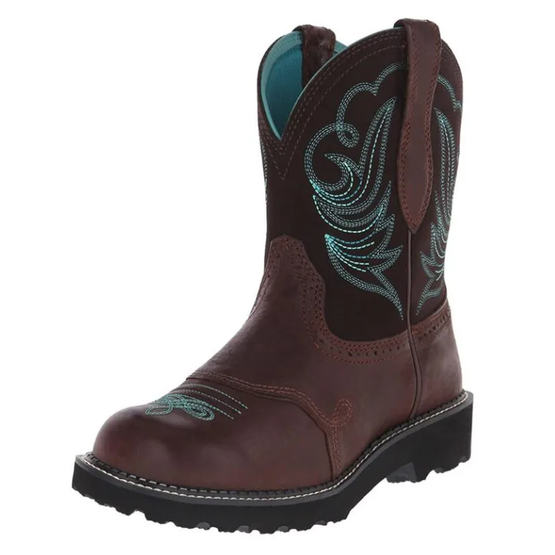 Women Goth Cowboy Boots Embroidered Mid-calf Single Boots Mesh Lining Comfort Booties Woman Round Toe Retro Western Botas Mujer