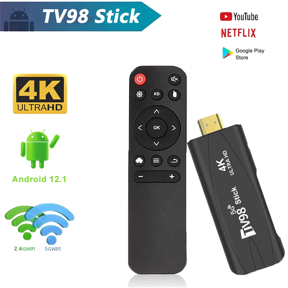 

Smart TV Stick 4K HD TV98 Android 12.1 Smart TV Box 2.4G/5G WiFi H.265 HEVC Network Media Set Top Box Stick with Remote Control