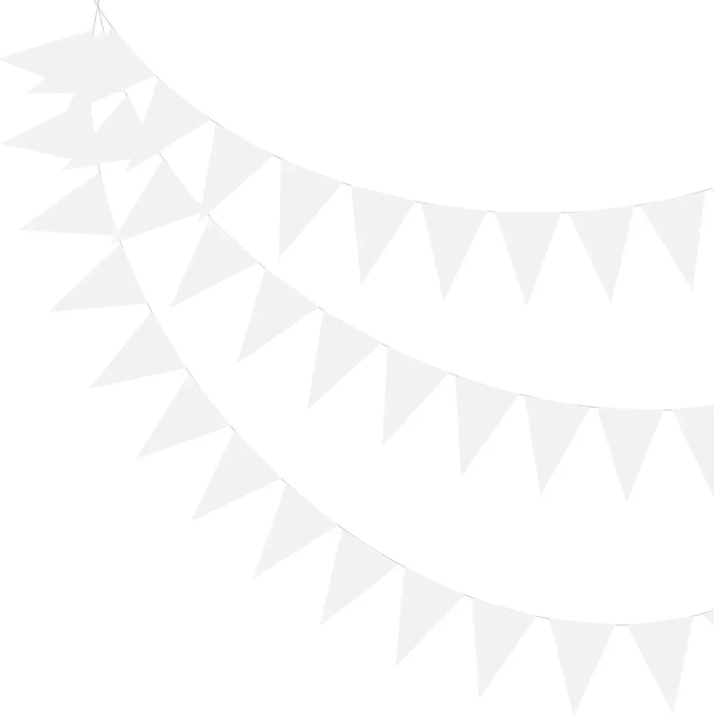 10m White Triangle Plastic Pennant Flags Wedding Birthday Party Decor, Outdoor Bunting Garland for Camping, Garden, Baby Shower