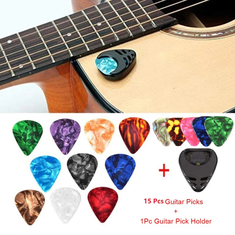 15-teiliges Set für E-Gitarren-Plektren und Gitarren-Pick-Halter-Set, Gitarren-Plektren für Akustikgitarre, E-Gitarre, Bass