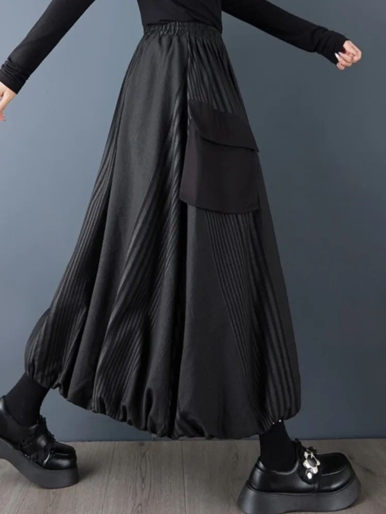 Oversized Spring Fall Midi Striped Skirt Women Fashion Ladies Casual Loose High Waist Woman Black Dark Academia Skirts
