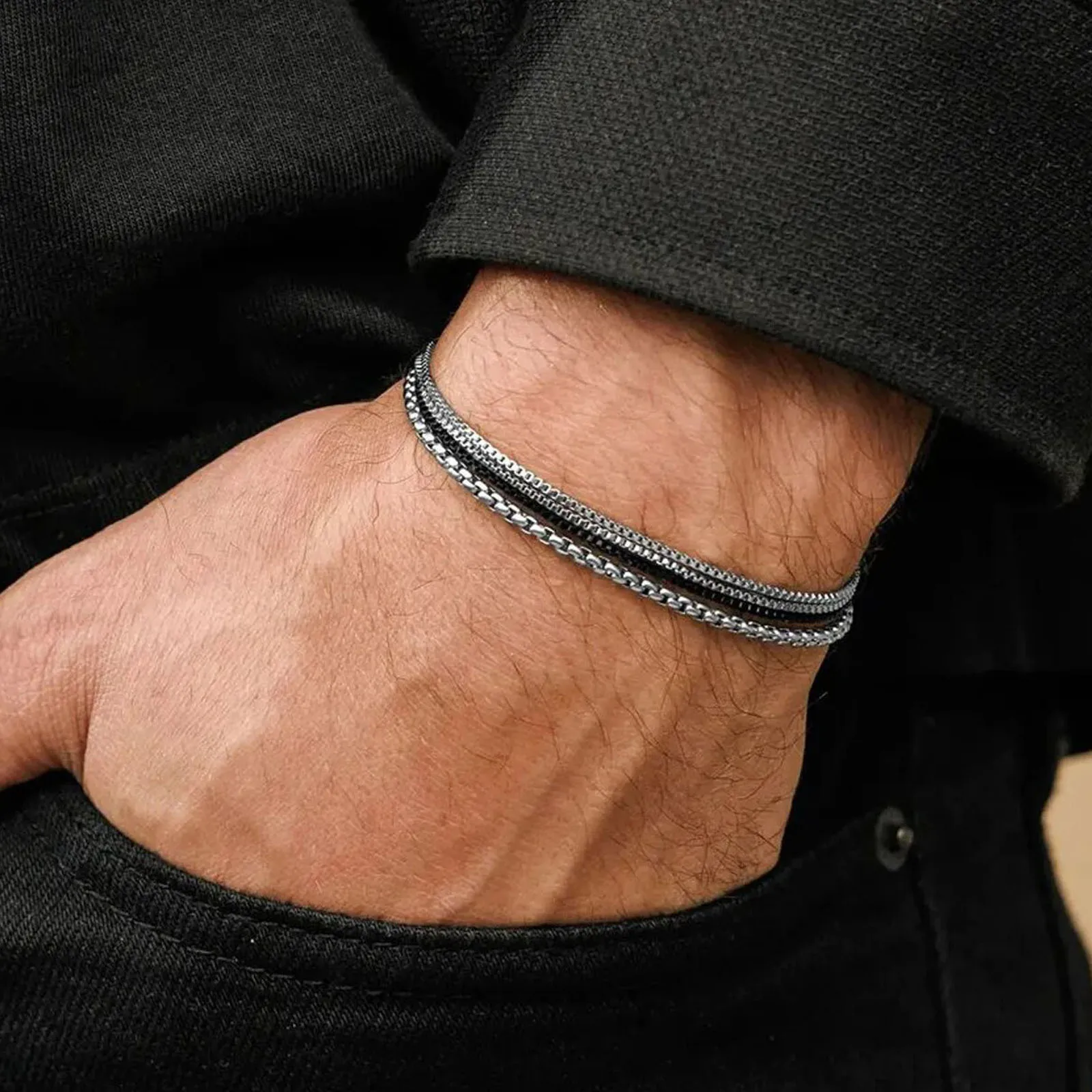 Punk 4pcs Box Chain Bracelets for Men,Waterproof Stainless Steel Chain Wristband ,Punk Jewelry Gift to Father Husband