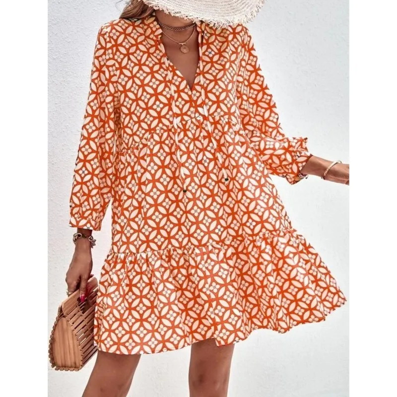Casual Boho Holiday Clothing Floral Print Dress For Women V Neck Three-Quarters Sleeve Spring Autumn Elegant Party Dress Female