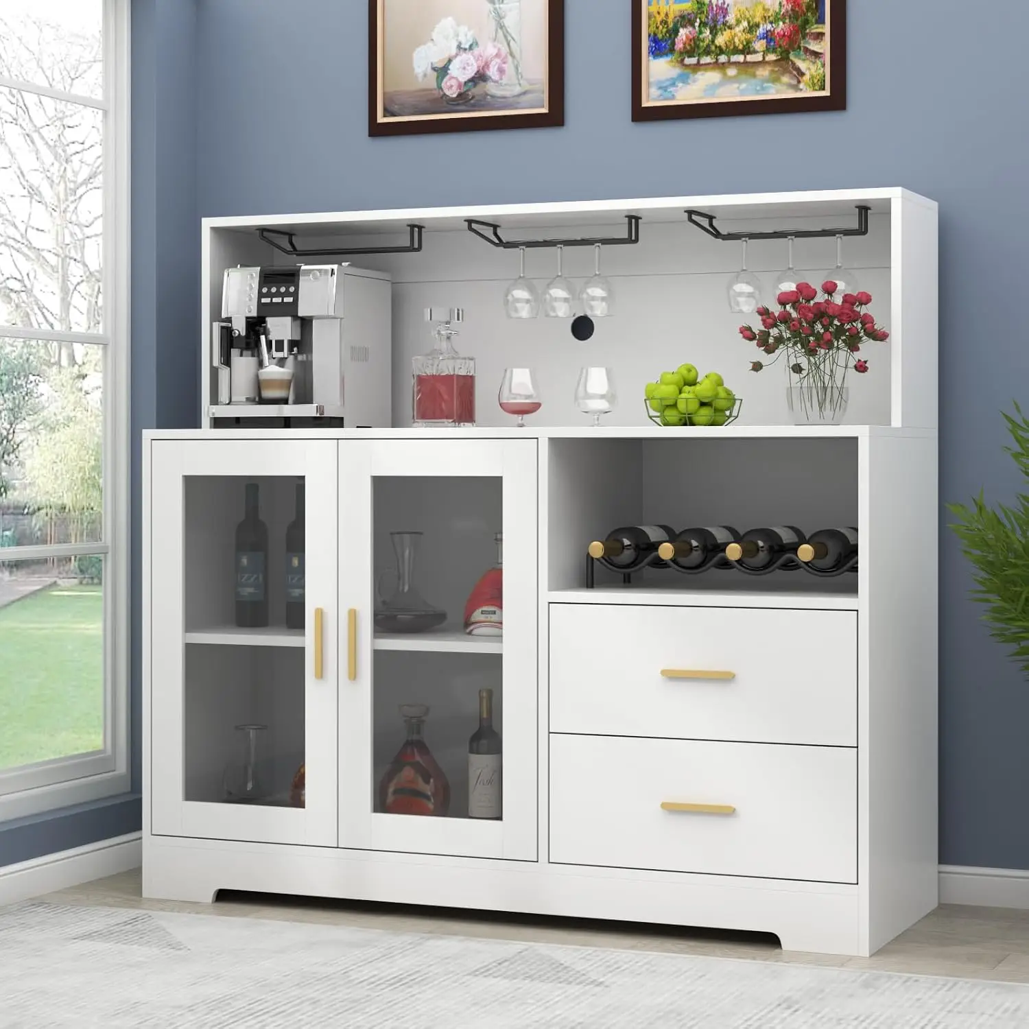 Mueble para bar de vinos con luz LED, mueble para café casero con estante para vino y copas, aparador de cocina con gabinete de almacenamiento y cajones