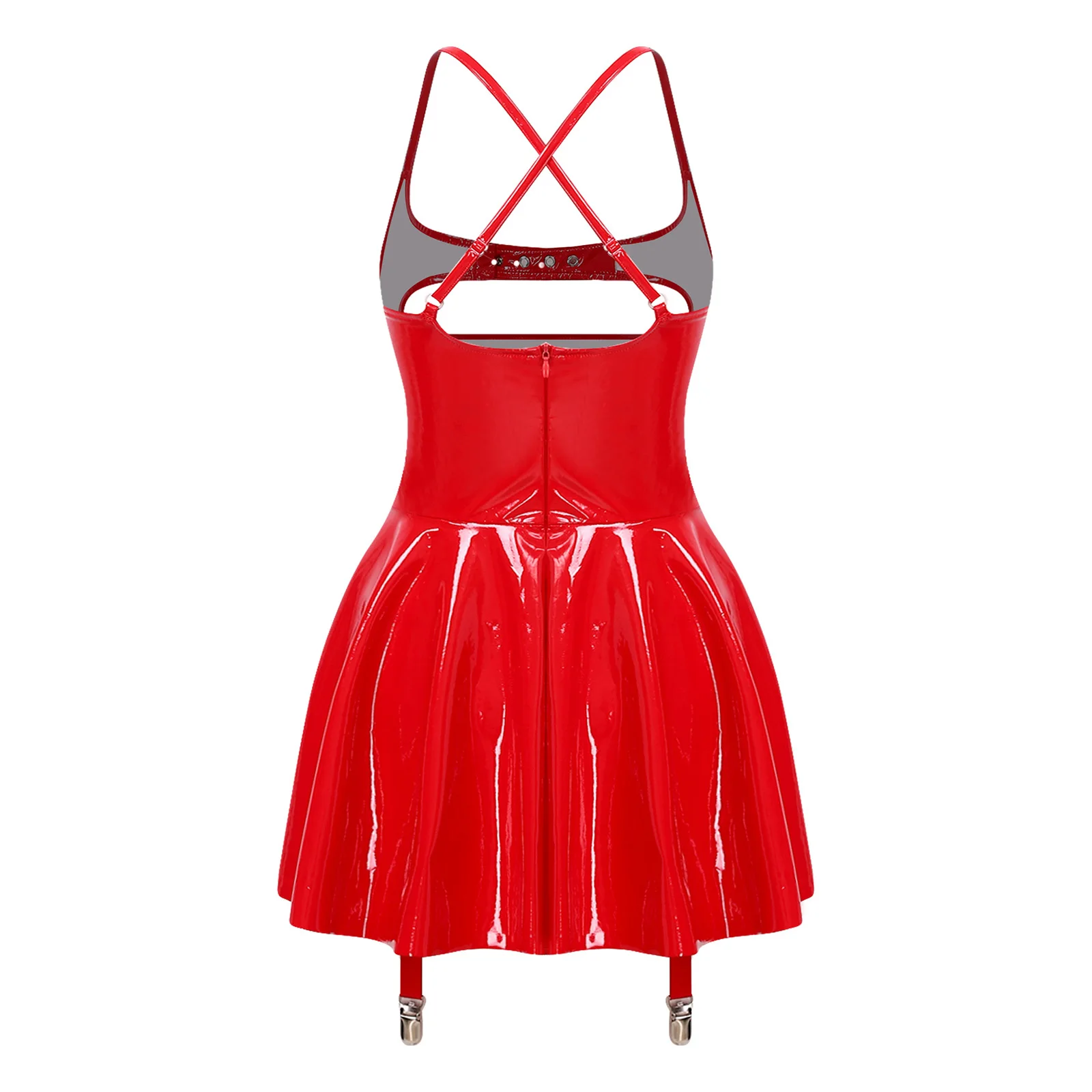 

Gothic Punk Women Wet Look Latex Leather Dress Corssing Straps Cut Out Cups A-line Dress +Garter Clips Sexy Raves Party Clubwear