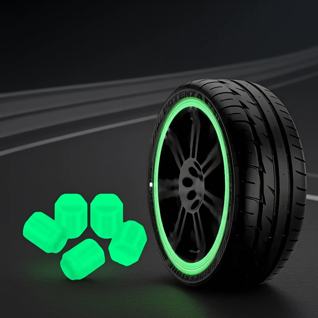 4 Pcs Luminous Tire Valve Stem Caps, Fluorescent Safety Air Cap Cover for Car Truck SUV Motorcycle Bike, Tire Accessories