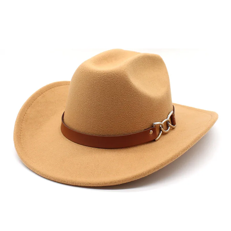 

New Arrival Big Brim Brown Belt British Retro Felt Cap Autumn And Winter Western Denim Woolen Tibetan Hat Fedora Hat