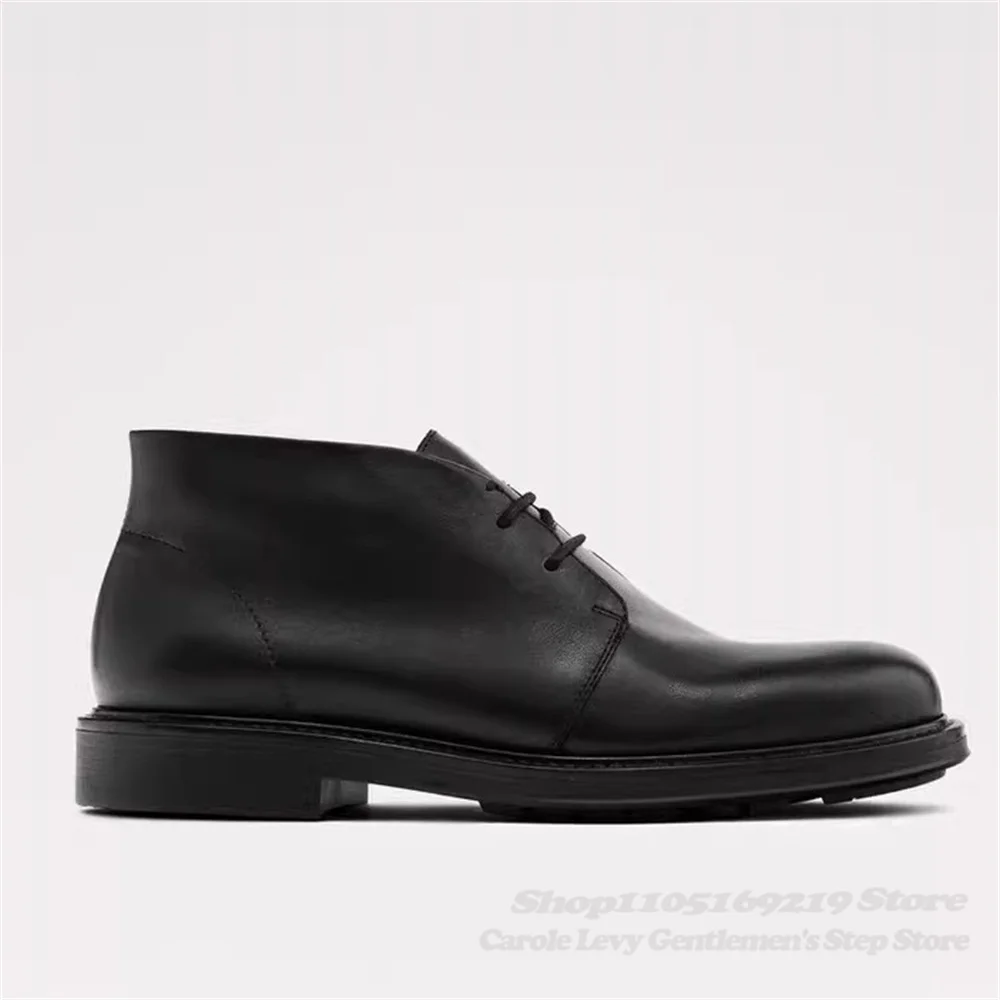 Men Winter New Lace Up Black Leather Minimalist Lace Up Hunting Style Cowhide Short Boots Business Formal High Top Boots