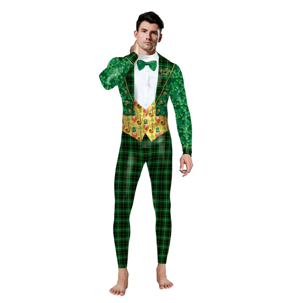 St. Patrick's Day Herren-Overall, grüner Party-Body, Kleeblatt-Muster, dünner Catsuit, 3D-Druck, Festival, Zentai-Anzug, Erwachsenen-Outfit