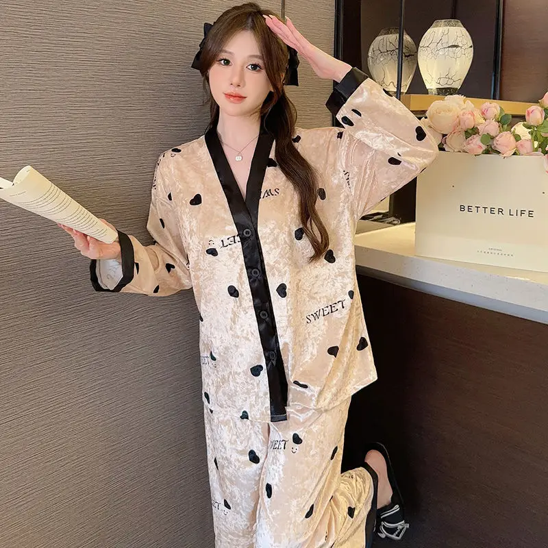 Gold Velvet Pajamas Spring Autumn Women Long Sleeve Large Size Homewear Two-Piece Suit Female Casual Printed V-neck Nightclothes