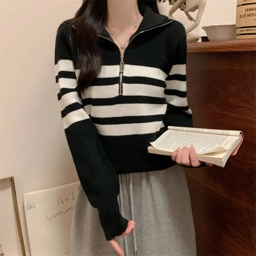 

Fashion Long Sleeve Knit Stripe Sweater Slim Fit Zipper Knitted Crop Top Soft Autumn Winter Crochet Knitwear Autumn Spring