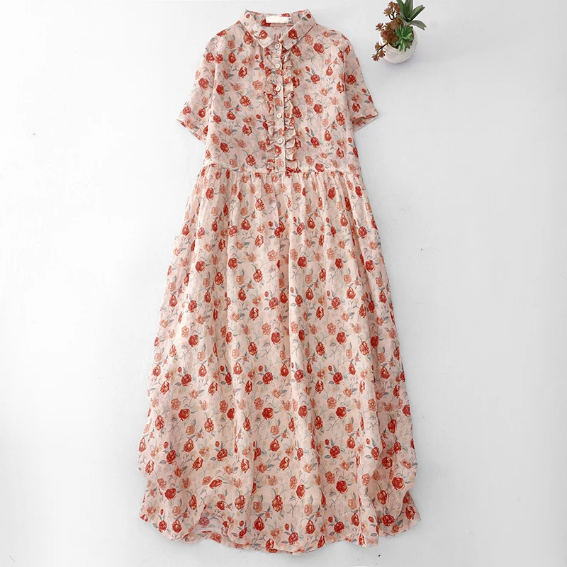 

Artistic Large Size Women's Shirt Dress Spring Summer New Floral Lightweight Luxury Mid-Length Single-Piece Dress