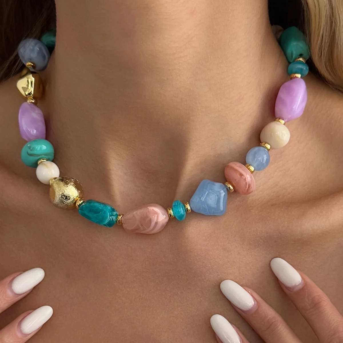 KunJoe New Bohemia Acrylic Resin Irregular Beads Choker Necklace for Women Trendy Adjustable Charm Clavicle Chain Jewelry Gift