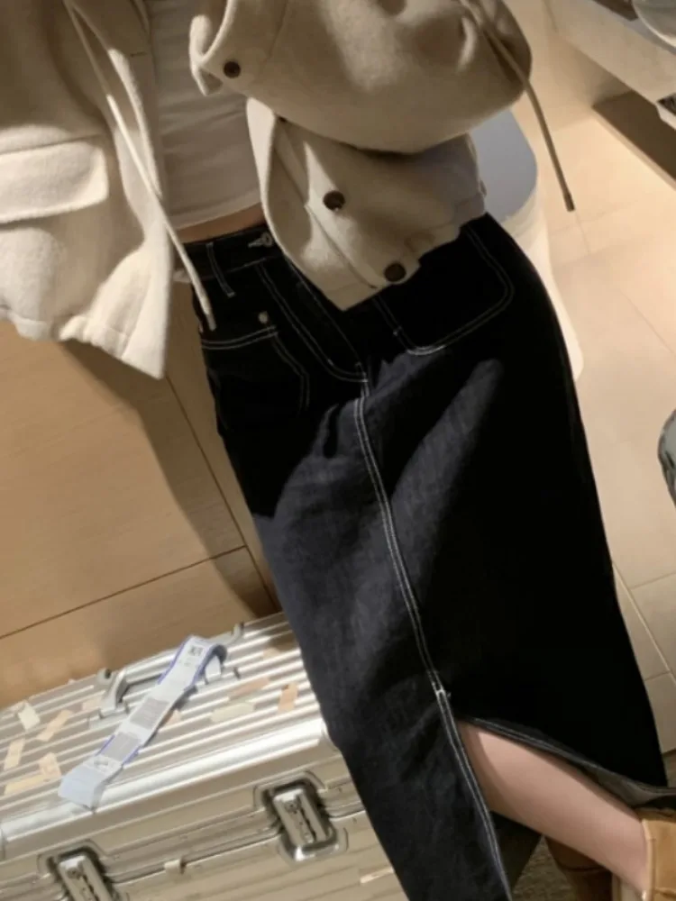 Retro Denim  Skirt Women's Korean Sle Faion Button Double ket Stitched Slit Mid-Length Skirt for Spring Autumn