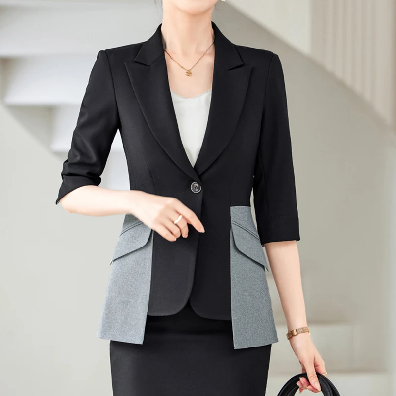 

QOERLIN 5XL Black Patchwork Blazer Elegant Professional Bussiness Office Ladies One Button Grey Jacket Female Half Sleeve Coat