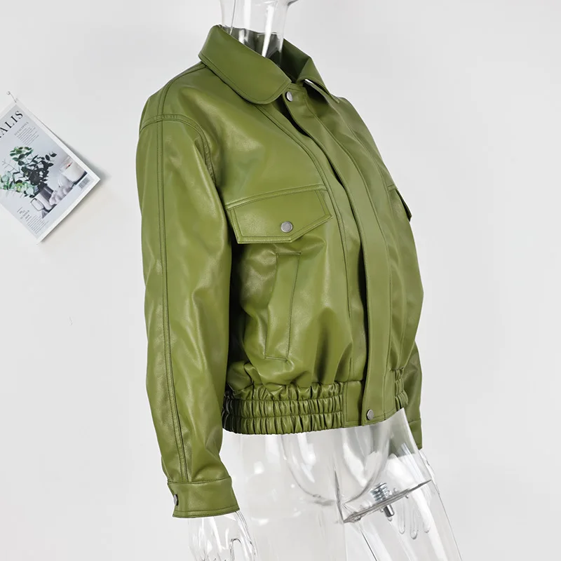 Jacke Coat Silhouette Vintage High Street Zipper Lapel Overcoat Loose Casual Outwear Autumn Olive Green faux Leather Jacket