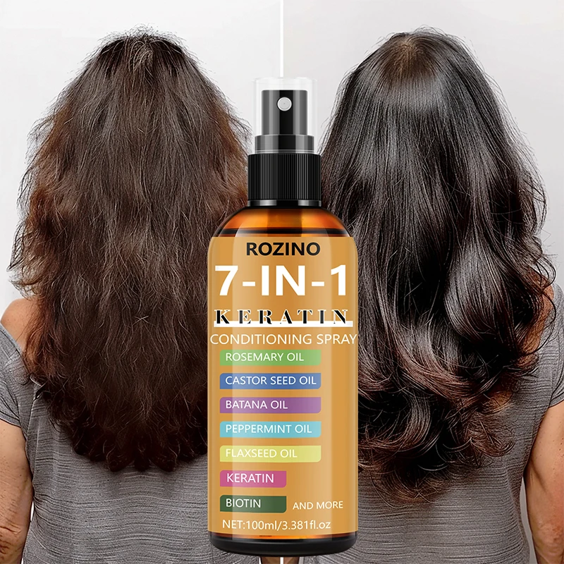 100ml Seven-In-One Keratin Hair Care Essential Oil Spray, Hair Nourishing Care Oil, Leave-In Conditioner, Instantly Smooths Hair Keratin Oil Control Spray, Instantly Smooths Frizz, Repairs Dryness and Breakage, Restores Heat Damage, Provides Long-Lasting Shine for 72 Hours, Suitable for All Hair Types, Anti-Static Protection for Autumn and Winter.