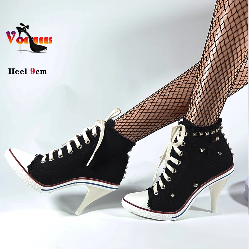 2024 NEW Spring High Heels Rivet Black Shoes Women Fashion Thin Heels Denim Canvas Shoes High Top Round Toe Lace Up Ladies Boots