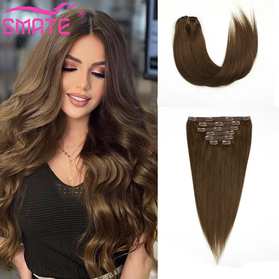 

SMATE Clip In Human Hair Extensions 120G/Pack #4 Brazilian Stright Remy Hair 100% Human Hair 14-28 Inches Full Head Clip In Hair