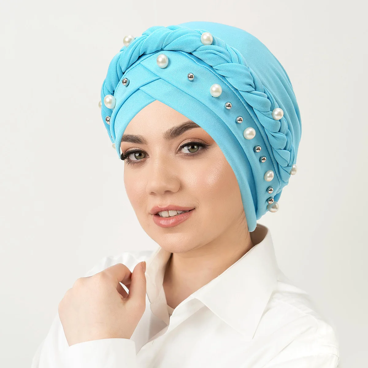 Women's Monochrome Single-Sided Beaded Muslim Headscarf Spring Autumn Fashion Accessory Whip Hat