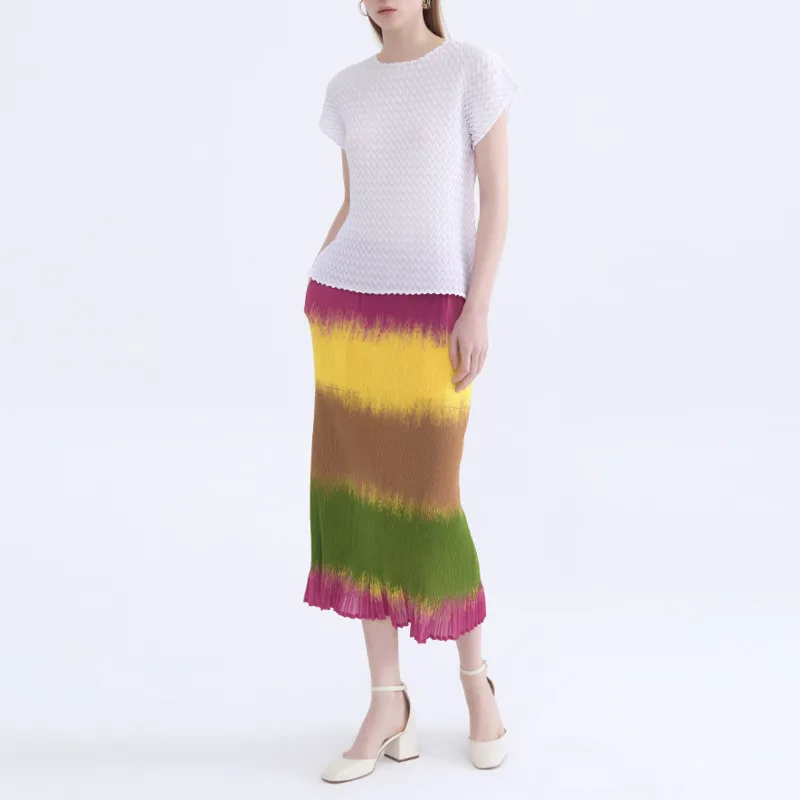 YFPF – jupe longue plissée pour femmes, Design imprimé coloré, Miyake, couleur contrastée, élégante, nouveaux vêtements à la mode, 2025