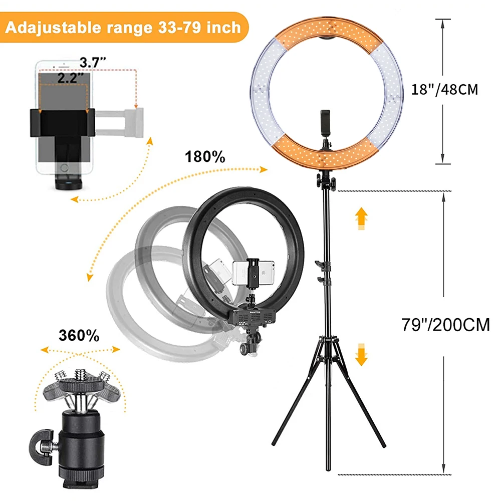 Anillo de luz LED de 18 pulgadas con soporte para teléfono, anillo de luz de 50W con trípode de 73 pulgadas, para fotografía, vídeo de YouTube, transmisión en vivo