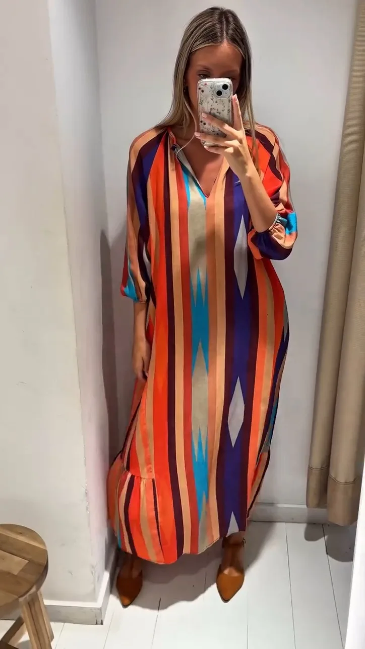 Robe décontractée pour femmes, vacances, mode couleur imprimée, col en v, manches sept-quarts, surdimensionnée, ample, nouvelle collection printemps et automne 2025