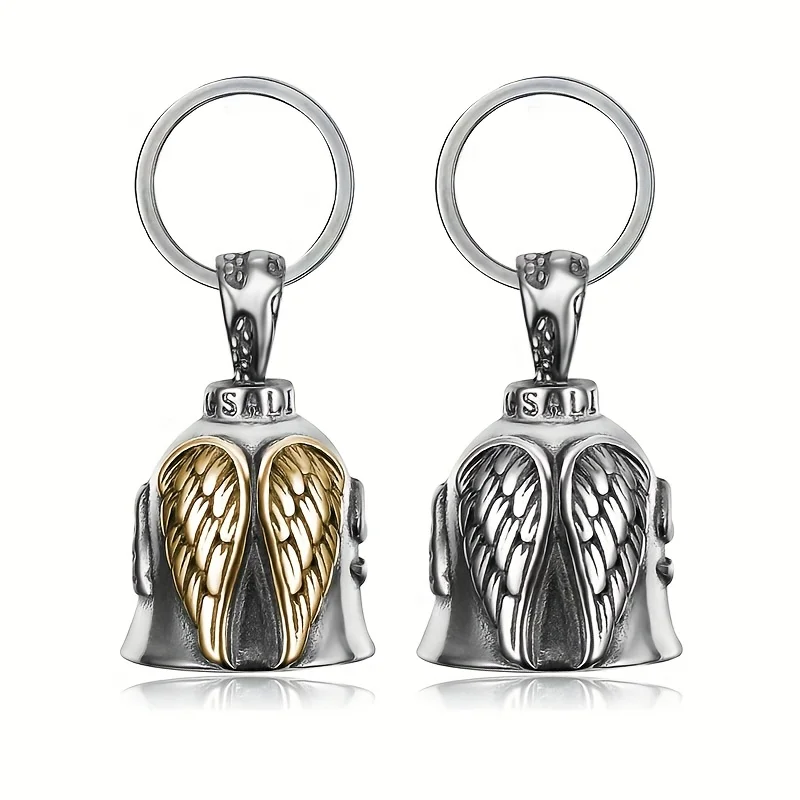 LLavero de campana para motocicleta, campana de la suerte cruzada para hombre, ala de Ángel, campana de caballero, colgante de metal, accesorios para motocicleta
