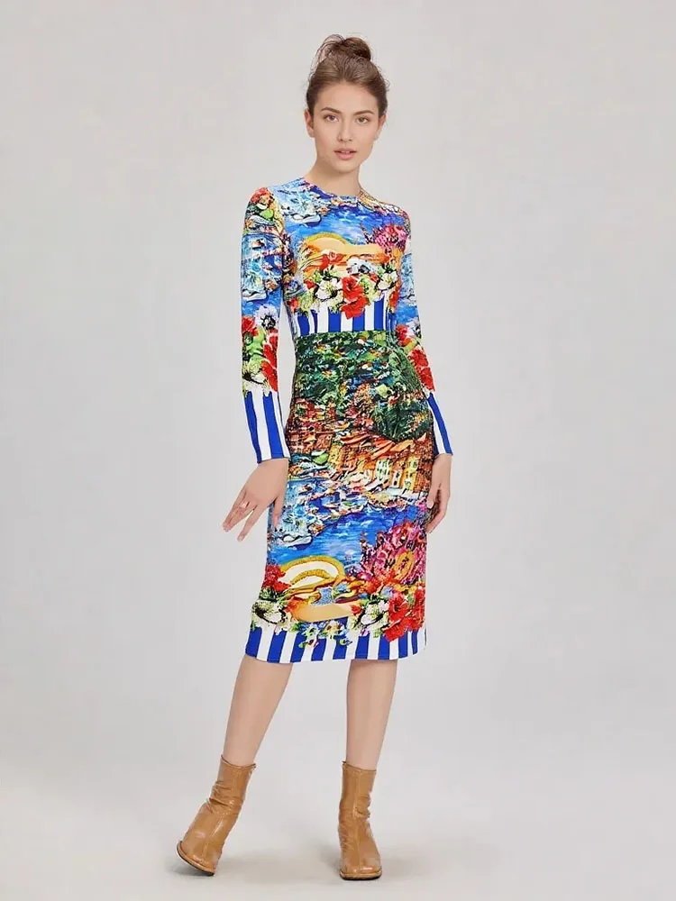 

Женское праздничное элегантное платье миди с круглым вырезом и длинными рукавами, весеннее модное облегающее платье в полоску с пейзажной живописью, Vestidos