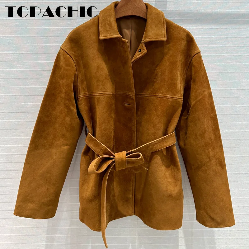 TOPACHIC-Chaqueta de ante para mujer, abrigo versátil de cuero genuino con fajas y solapa, ropa de calle bordada con letras, novedad de 7,15, 2024