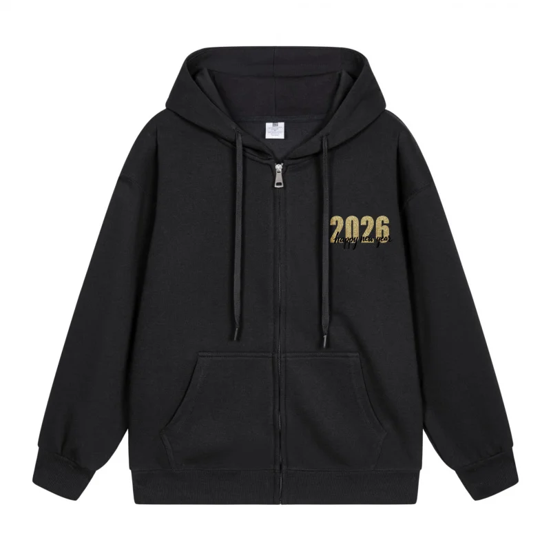 

Мужская толстовка на молнии, черная толстовка с капюшоном, черная толстовка с золотым принтом Two Thousand Twenty Six, Рождество в 2025 году, праздничный принт