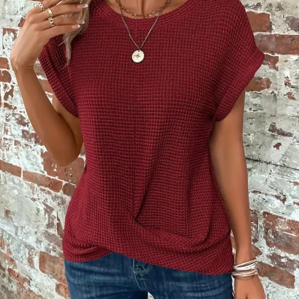 Women Casual T Shirt Solid Color Round Neck Short Sleeve Twist Knot Top Summer Fashion Loose Fit Comfortable Blouse Basic Tee
