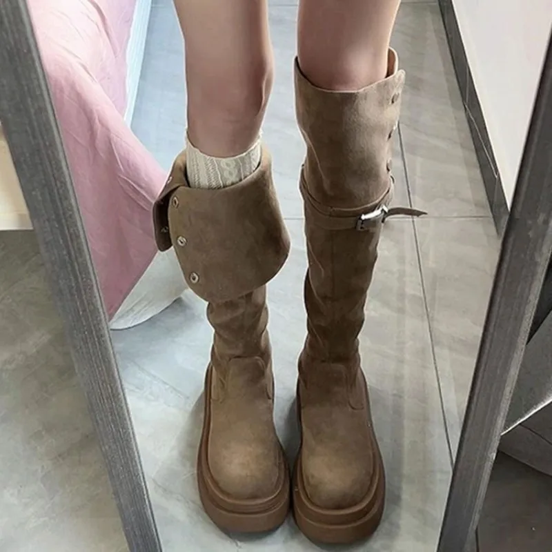 Two‑Way‑Wear Suede Convertible Riding Boots, Chunky Platform, Slouchy Knee‑High Tall Boots, Fleece‑Lined Option Available