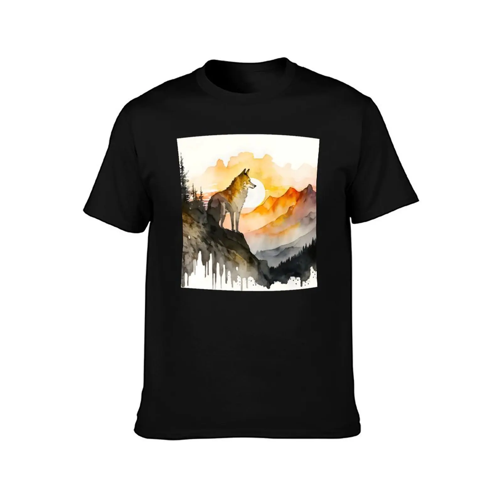 Lone wolf in forest nature mountain scenery landscape with orange golden sunset on cliff in water color art perfect gif T-Shirt