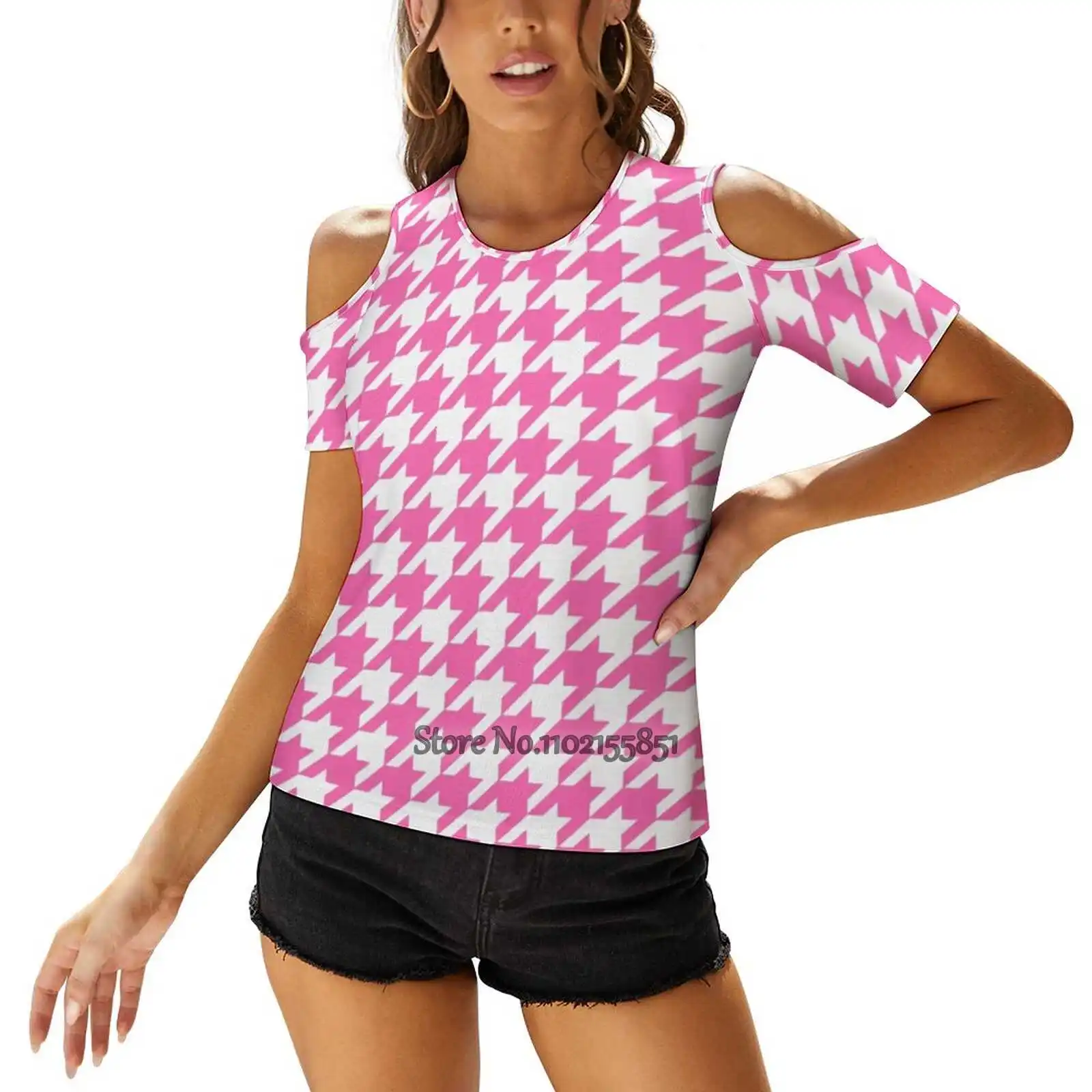 Hot Pink Houndstooth Women T-Shirt Back Lacing Casual Short Sleeve Tops Summer Tees Pink Hot Pink White Houndstooth Hounds