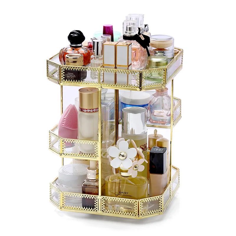 Hexagon Quadrilateral Glass Rotating Cosmetic Desktop Storage Box Table finishing Rack Transparent Makeup Organizer Dressing