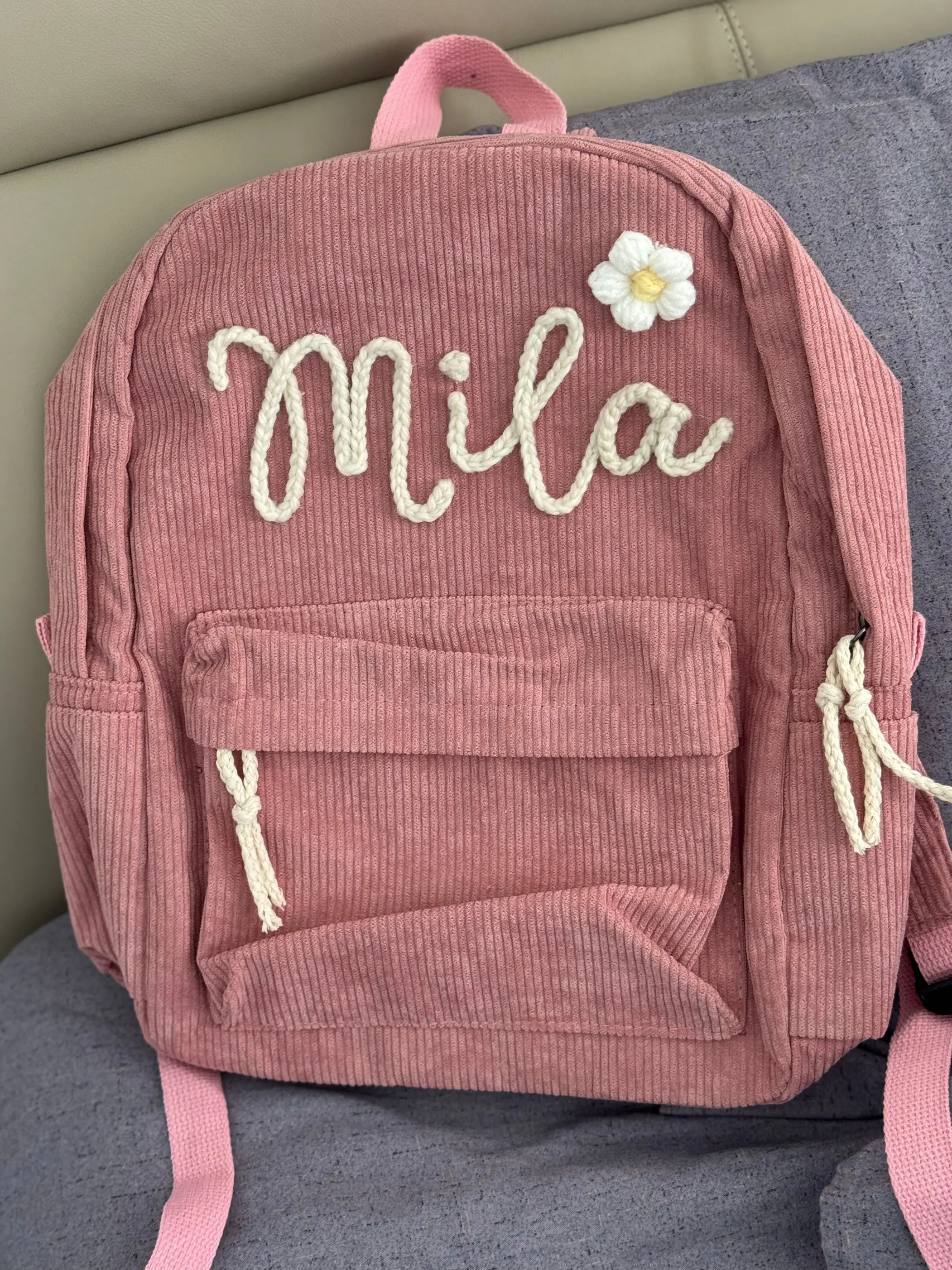 Personalized Hand-Embroidered Corduroy Backpack | Embroidered School Bag for Kids | Child's Toddler Backpack