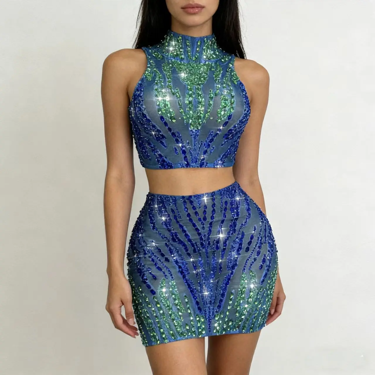 

Роскошный комплект 2026: блестящий топ с камнями и юбка с разрезом для дня рождения, вечеринки, выступления певицы, танцовщицы, выпускного бала