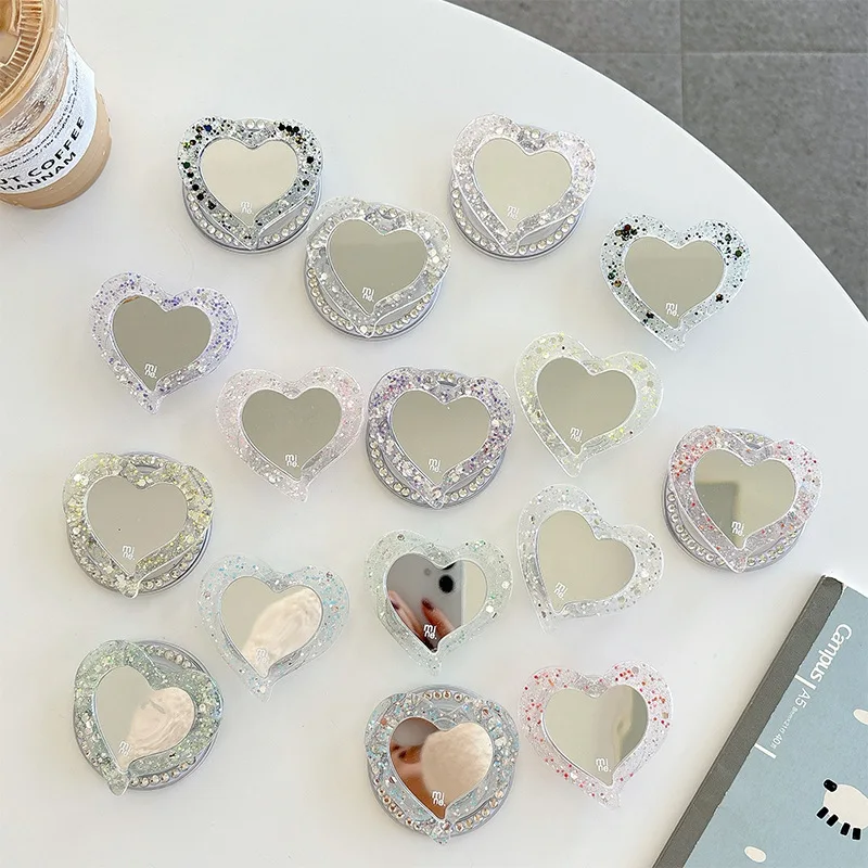 Heart Shaped Glitter Magnetic Phone Grop Holder Cute Back Adhesive Makeup Mirror Finger Socket Holder Bracket Cell Decor Stand view 2
