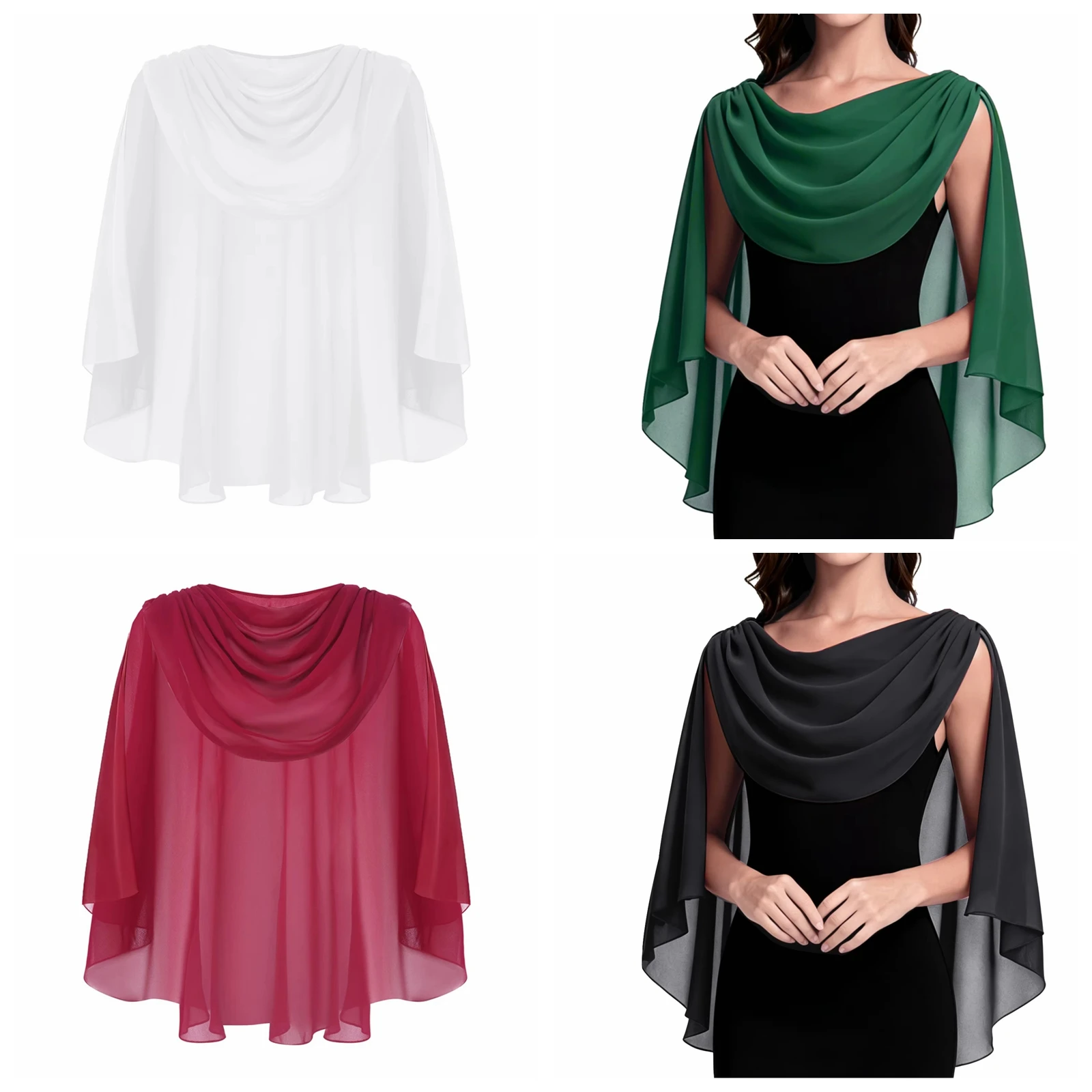 Women Wedding Cover Up Elegant Evening Cape Chiffon Shawls Cowl Neck Sleeveless Flowy Wraps Dress Accessories Shoulder Shrugs