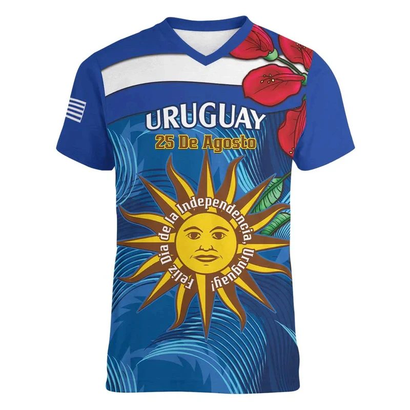 Uruguay Men's T-shirts Casual Loose V Neck UY Uruguayan Flag Short Sleeve Tops Tees Male Clothing Oversized T shirts Streetwear