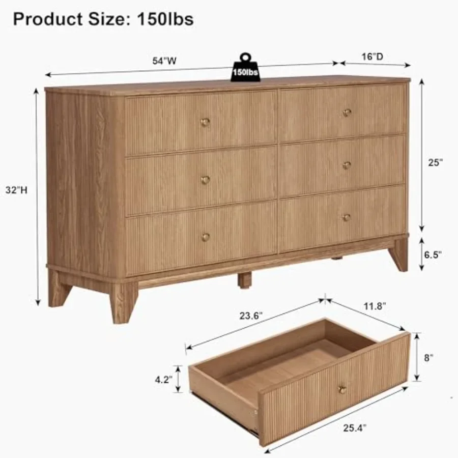 Fluted 6 Drawers Dresser, 54