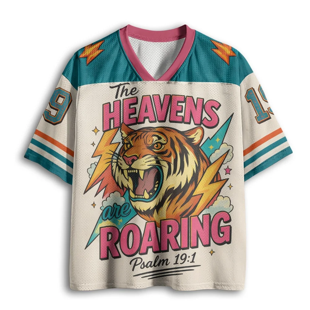 Retro Paradise Roaring Poem Tiger Lightning Printed Mesh T-shirt Striped Digital Sleeve V-neck Adult Children's T-shirt