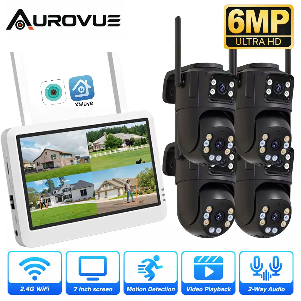 Image of 7-Zoll-Bildschirm WiFi NVR Sicherheitskamerasystem 8CH 4PCS Dual-Linsen 6MP Kameras 355 ° Herr 90 ° Neigbare PTZ-Kamera mit Zwei-Wege-Audio, KI-gestützter Personenerkennung,