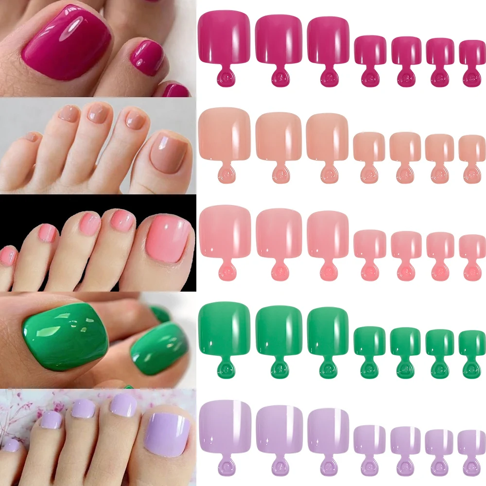 100Pcs Solid Color Short Press on Toenails Tips Full-Cover Square Pink/Purple/Green False Nail Tips Summer Beach Feet Fake Nails